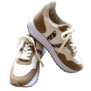NEW MKS Cream Brown Sneakers Size  7 Leopard cheetah Accent